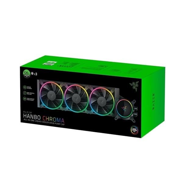 Razer Hanbo Chroma 360 ARGB AIO CPU Liquid Cooler – Black High‑Airflow Cooling 1 Razer Hanbo Chroma 360 AIO ARGB CPU Liquid Cooler with triple fans
