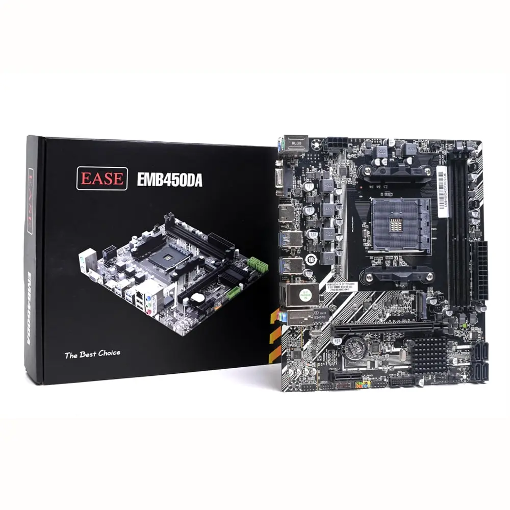 EMB450DA AM4 DDR4 Motherboard – Ease B450 microATX Board 1 The EMB450DA AM4 DDR4 motherboard offers stable performance and essential connectivity for AMD AM4 systems. It is built on the AMD B450 chipset and supports a wide range of Ryzen™ 1000, 2000, 3000, 4000, and 5000 Series processors. Therefore, this Ease board is suitable for everyday computing, productivity workloads, and mainstream use. Dual‑Channel DDR4 Memory and Basic Expansion This motherboard supports up to two DDR4 DIMM slots with memory speeds up to 3200 MHz (OC) in dual‑channel mode. In addition, its PCIe slots include one PCIe 3.0 x16 and a PCIe 3.0 x1 slot for graphics cards and add‑in cards. Consequently, the system can handle both basic graphics and peripheral expansions. Storage and Networking Options The EMB450DA AM4 DDR4 motherboard provides four SATA 3.0 ports for traditional drives and one M.2 SSD slot that supports both NVMe and SATA SSDs for faster storage performance. Meanwhile, onboard Realtek 1000 Mbps Ethernet delivers reliable wired networking for local and online tasks. Connectivity and Multimedia Support For display, it offers HDMI and VGA ports for compatibility with a variety of monitors. In addition, the integrated Realtek HD audio codec supports 5.1‑channel sound quality. Therefore, users benefit from versatile multimedia support in everyday use. Ease‑of‑Use Features Moreover, this compact microATX board simplifies PC builds with standard placement of headers and connectors. Its layout supports front panel USB and audio headers for easy case integration. Explore more related products here: /category/motherboards/ ✅ FULL SPECIFICATIONS (Specs Section) Manufacturer: Ease Model: EMB450DA AM4 DDR4 Form Factor: Micro‑ATX (215 × 185 mm) CPU Socket: AMD AM4 (LGA1331) Chipset: AMD B450 Supported CPUs: AMD Ryzen™ 1000 / 2000 / 3000 / 4000 / 5000 Series, AMD 7th‑gen APU, Athlon 200GE Memory: 2 × DDR4 DIMM, Dual‑Channel, up to 64 GB; DDR4 2133/2400/2666/2800/3200 MHz Expansion Slots: 1 × PCIe 3.0 x16, 1 × PCIe 3.0 x1 Storage: 1 × M.2 SSD (2242/2260/2280 PCIe/SATA), 4 × SATA 6 Gb/s Networking: Realtek 8111H 10/100/1000 Mbps Ethernet Audio: Realtek HD Audio (5.1‑channel) Display Outputs: HDMI, VGA USB Ports: 4 × USB 3.0 (rear), 2 × USB 3.0 headers onboard; 2 × USB 2.0 (rear), 2 × USB 2.0 headers onboard Rear I/O: PS/2 combo port, HDMI, VGA, 4 × USB 3.0, 2 × USB 2.0, RJ45 LAN, audio jacks BIOS: Standard AMI UEFI BIOS Features: Dual‑channel memory, M.2 SSD support, integrated LAN & audio