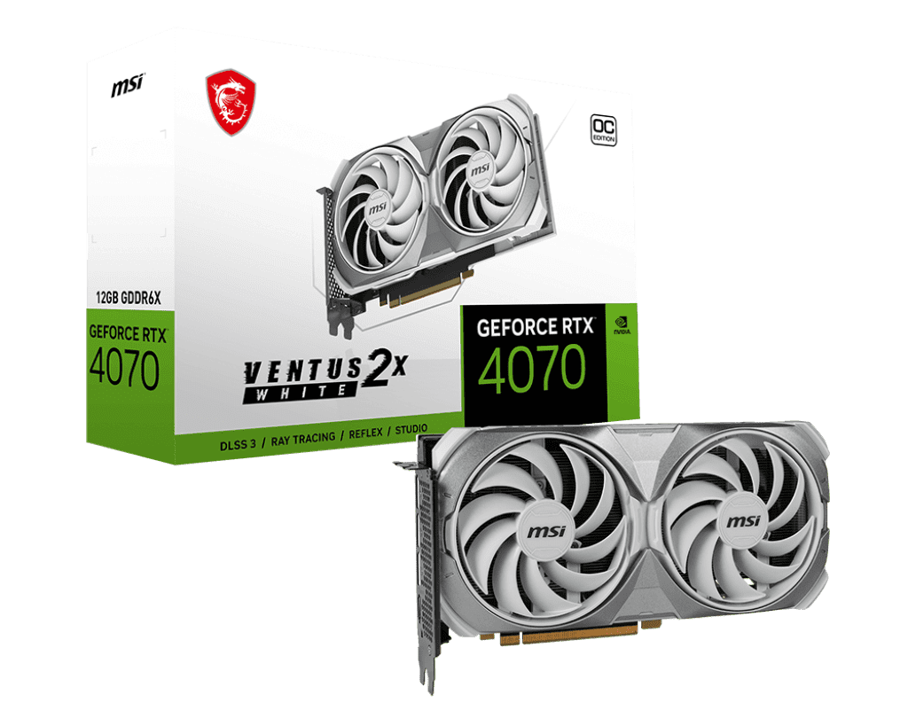 MSI GeForce RTX 4070 12GB Ventus 2X White OC Graphics Card – Compact High-Performance Gaming 1 MSI GeForce RTX 4070 12GB Ventus 2X White OC graphics card