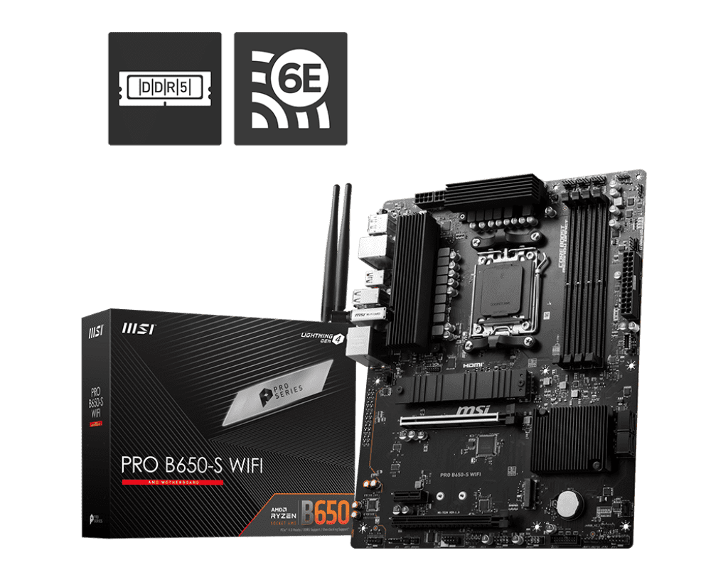 MSI PRO Series B650‑S Wi‑Fi AMD AM5 DDR5 Motherboard – Wi‑Fi 6E Performance 1 MSI PRO B650‑S Wi‑Fi DDR5 AMD AM5 ATX motherboard top view