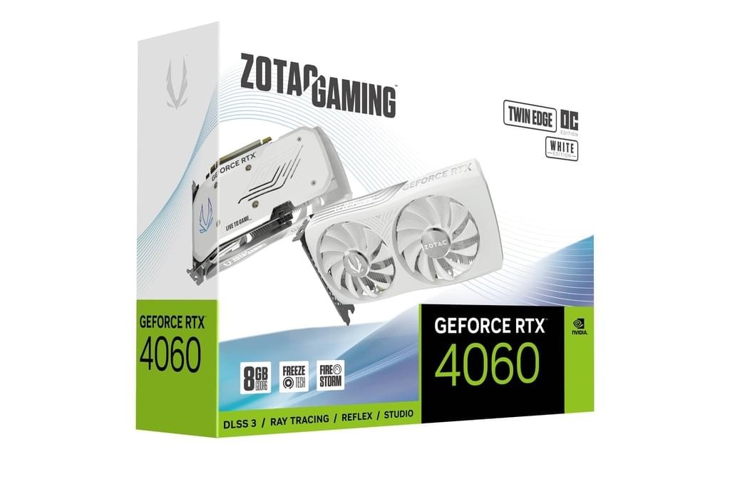 ZOTAC RTX 4060 8GB Twin Edge OC Edition (White)– Compact Gaming Graphics Card 1 ZOTAC RTX 4060 8GB Twin Edge OC graphics card front view