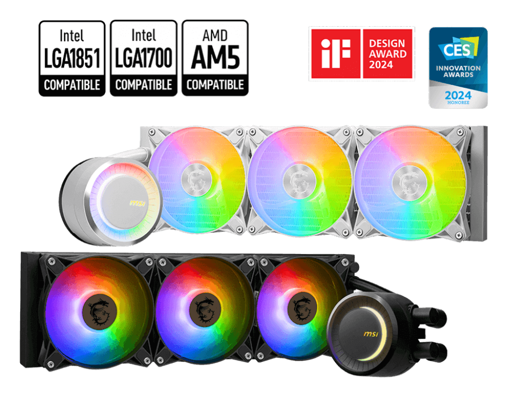 MAG CORELIQUID E360 White 360mm Liquid CPU Cooler | Efficient ARGB AIO Cooling 1 MSI MAG CORELIQUID E360 White 360mm liquid CPU cooler with ARGB fans
