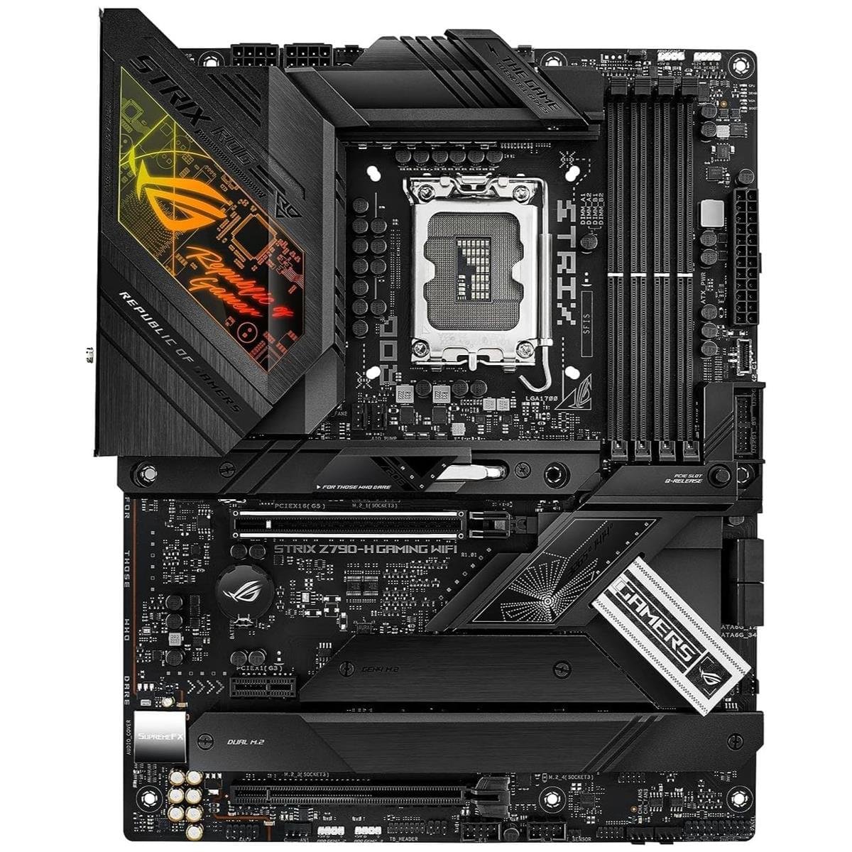 ROG STRIX Z790-H Gaming WiFi Motherboard — PCIe 5.0 DDR5 1 ROG STRIX Z790-H Gaming WiFi DDR5 motherboard top view