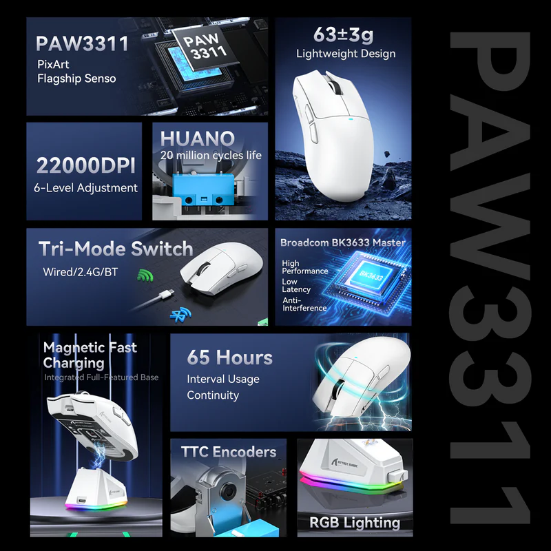 ATTACK SHARK X11 Wireless Gaming Mouse with Charging Dock (WHITE) - Image 9