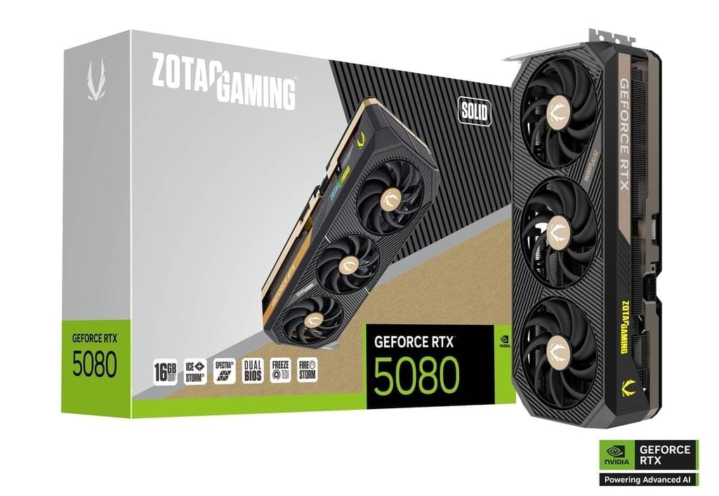 ZOTAC GAMING GeForce RTX 5080 SOLID Graphics Card – 16GB GDDR7, PCIe 5.0, Quad Display 9 ZOTAC RTX 5080 SOLID graphics card front view