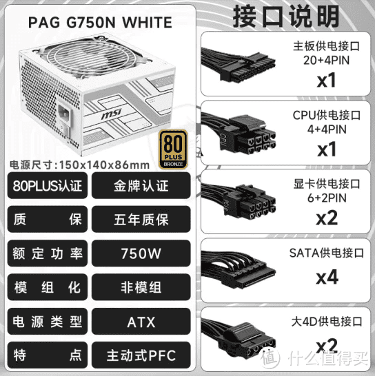 MSI MAG G750N 80 Plus Gold 750W Power Supply (White) 2 MSI MAG G750N 80 Plus Gold 750W Power Supply (White) - Image 2