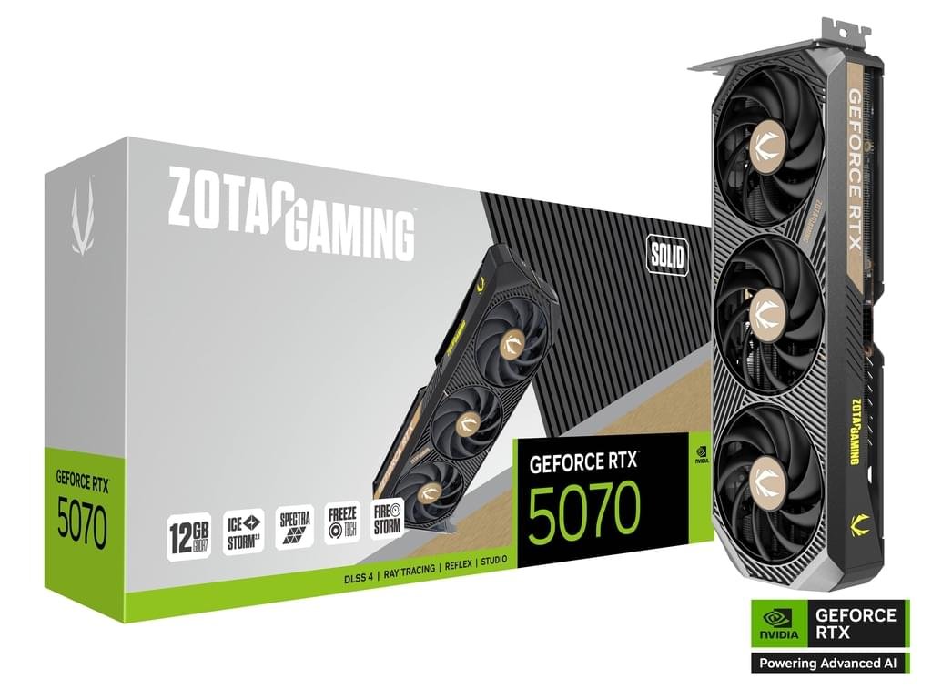 ZOTAC GAMING GeForce RTX 5070 SOLID – 12GB GDDR7 High‑Performance Graphics Card 1 ZOTAC GAMING GeForce RTX 5070 SOLID 12GB GDDR7 graphics card detailed view
