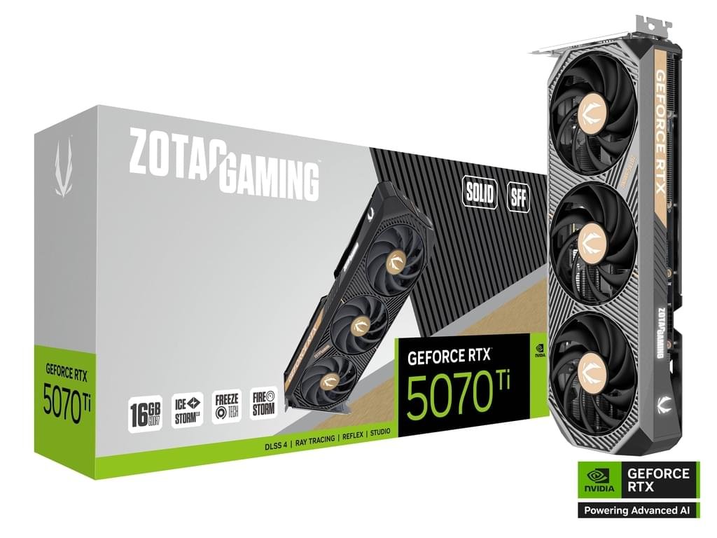 ZOTAC RTX 5070 Ti SOLID SFF 16GB – Compact High‑Performance Gaming GPU 1 ZOTAC RTX 5070 Ti SOLID SFF 16GB GDDR7 graphics card front view
