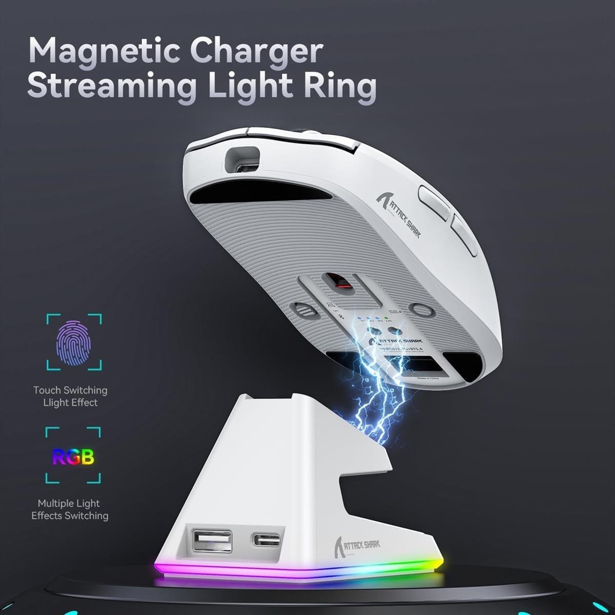 Attack Shark X6 Wireless Gaming Mouse – 49g Superlight, PAW3395 Sensor, Tri-Mode Connectivity, RGB Charging Dock (WHITE) - Image 2