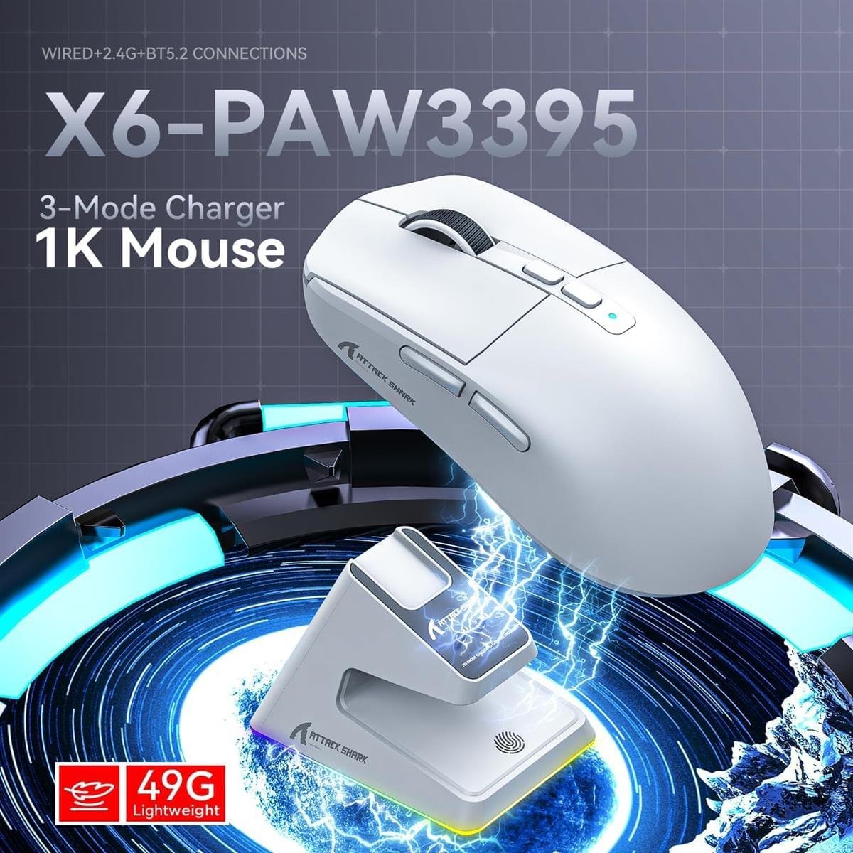 Attack Shark X6 Wireless Gaming Mouse – 49g Superlight, PAW3395 Sensor, Tri-Mode Connectivity, RGB Charging Dock (WHITE) - Image 3