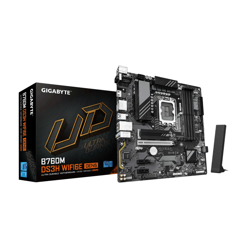 Gigabyte B760M DS3H WiFi6E Gen5 motherboard micro‑ATX layout