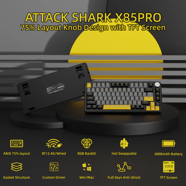 Attack Shark X85 Pro Wireless Mechanical Gaming Keyboard – 75% Tri‑Mode TKL with Smart TFT Screen 11 Attack Shark X85 Pro Wireless Mechanical Gaming Keyboard – 75% Tri‑Mode TKL with Smart TFT Screen - Image 11