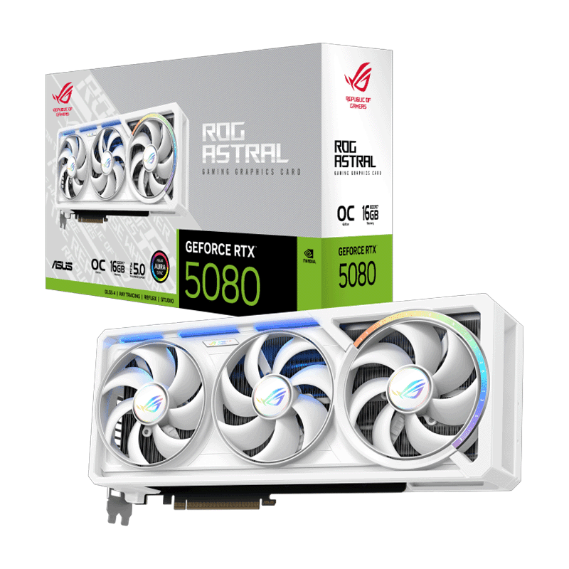 Astral RTX 5080 white graphics card front view