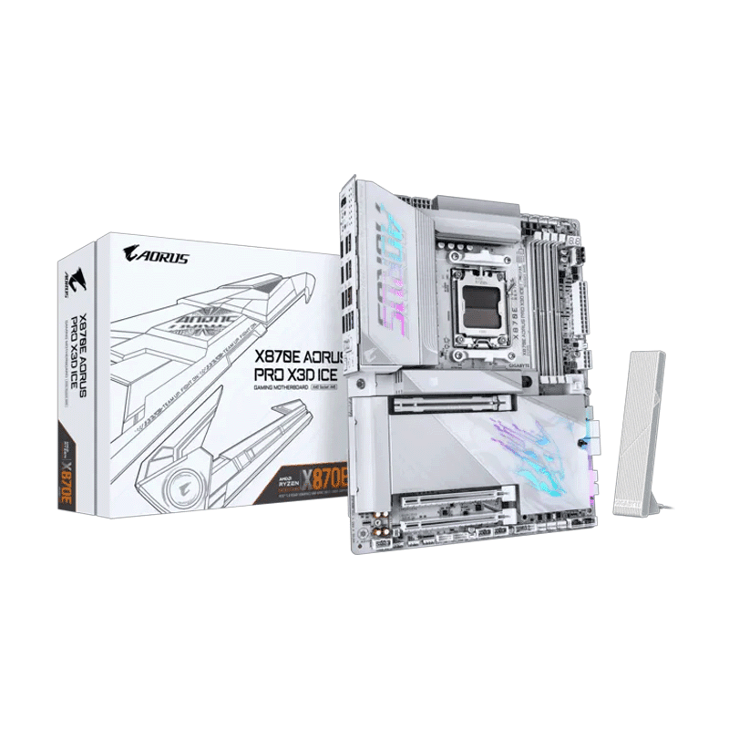 GIGABYTE X870E AORUS PRO X3D ICE DDR5 AMD 1 GIGABYTE X870E AORUS PRO X3D ICE DDR5 AMD AM5 motherboard front view