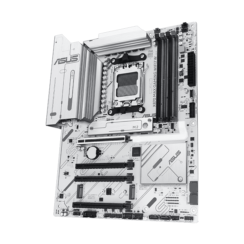 ASUS X870 MAX GAMING WiFi7 White DDR5 Motherboard 1 ASUS X870 MAX GAMING WiFi7 White AM5 DDR5 motherboard front view