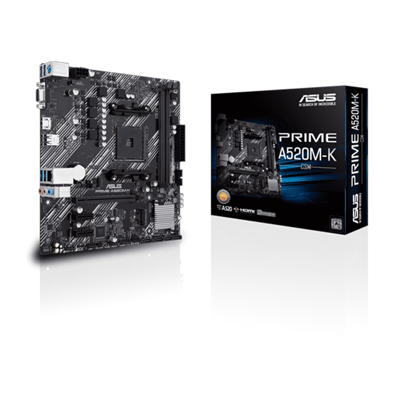 ASUS Prime A520M-K CSM DDR4 Motherboard 1 ASUS A520M‑K DDR4 AM4 Micro‑ATX motherboard front view