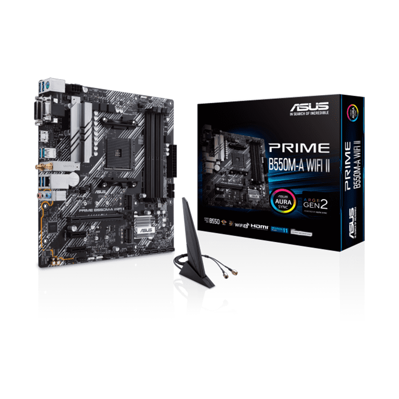 ASUS Prime B550M-A WiFi II D4 DDR4 Motherboard 1 ASUS Prime B550M‑A WiFi II DDR4 Micro‑ATX motherboard front view